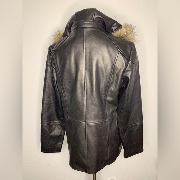 WORTHINGTON Genuine Lambskin Leather Black Zip-Up Jacket Oversized Faux Fur Hood - Picture 6 of 9